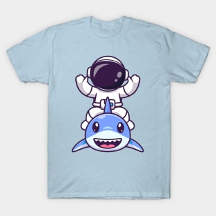 Cute Astronaut With Cute Shark Cartoon T-Shirt